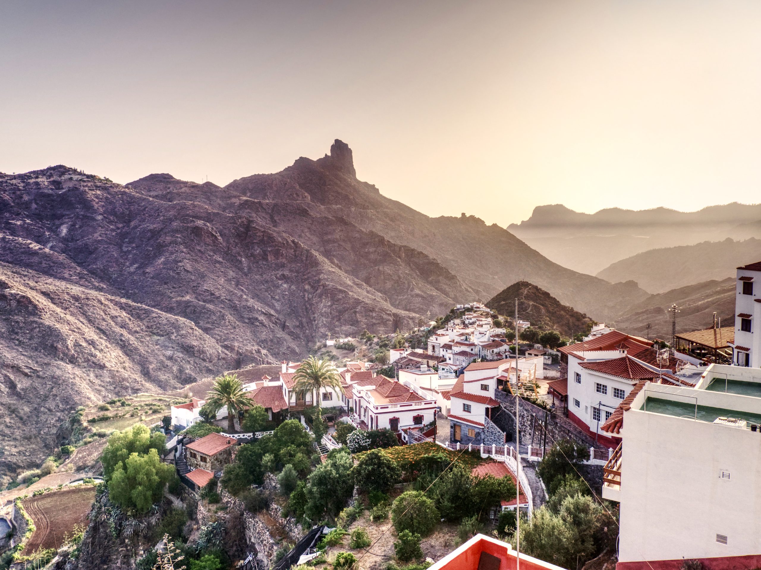 Sunset over Tejeda village in the mountains of Gran Canaria